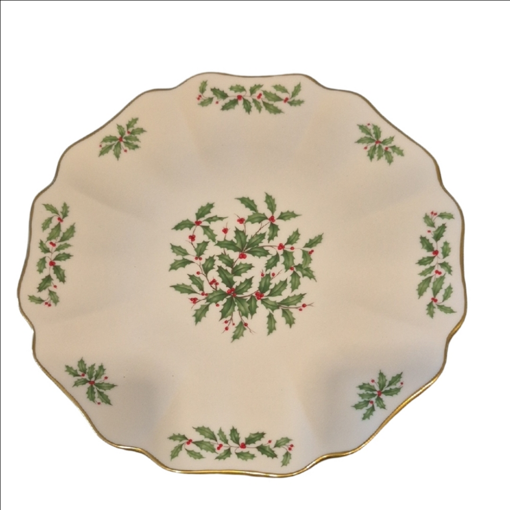 Lenox Holiday Scalloped Serving Platter In Holly and Berry Motif